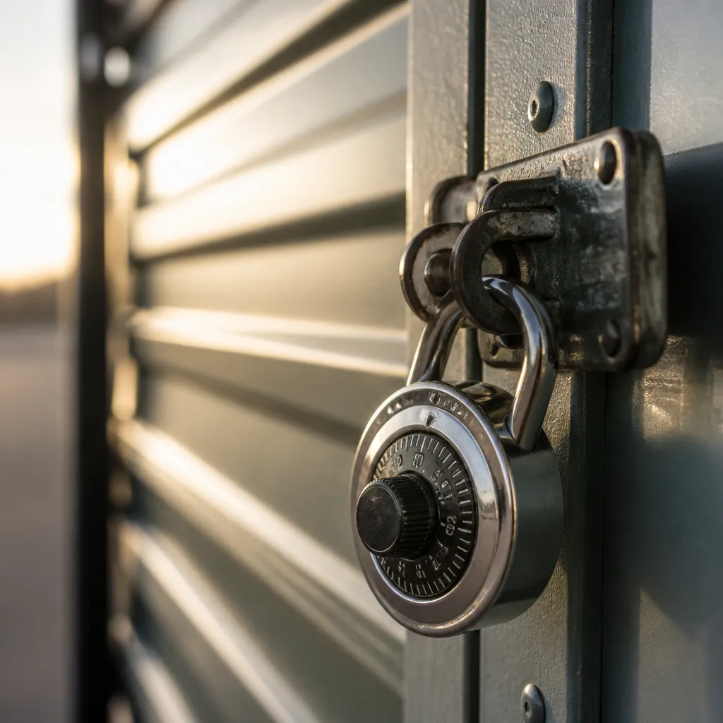 Cadenas à combinaison posé par le locataire sur la porte en tôle gris-vert de son box