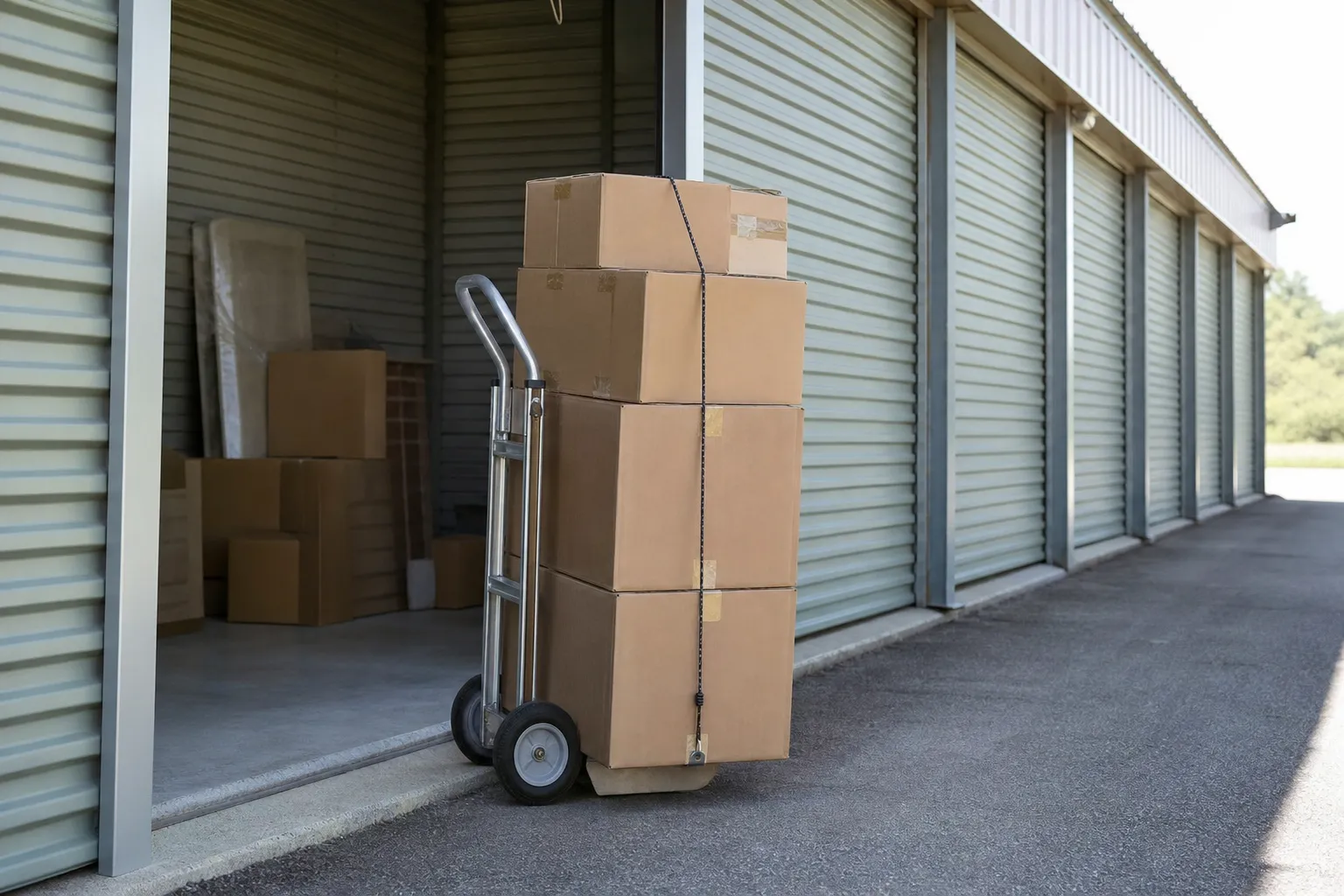 Diable de manutention chargé de cartons sanglés devant la porte ouverte d’un box de stockage gris-vert