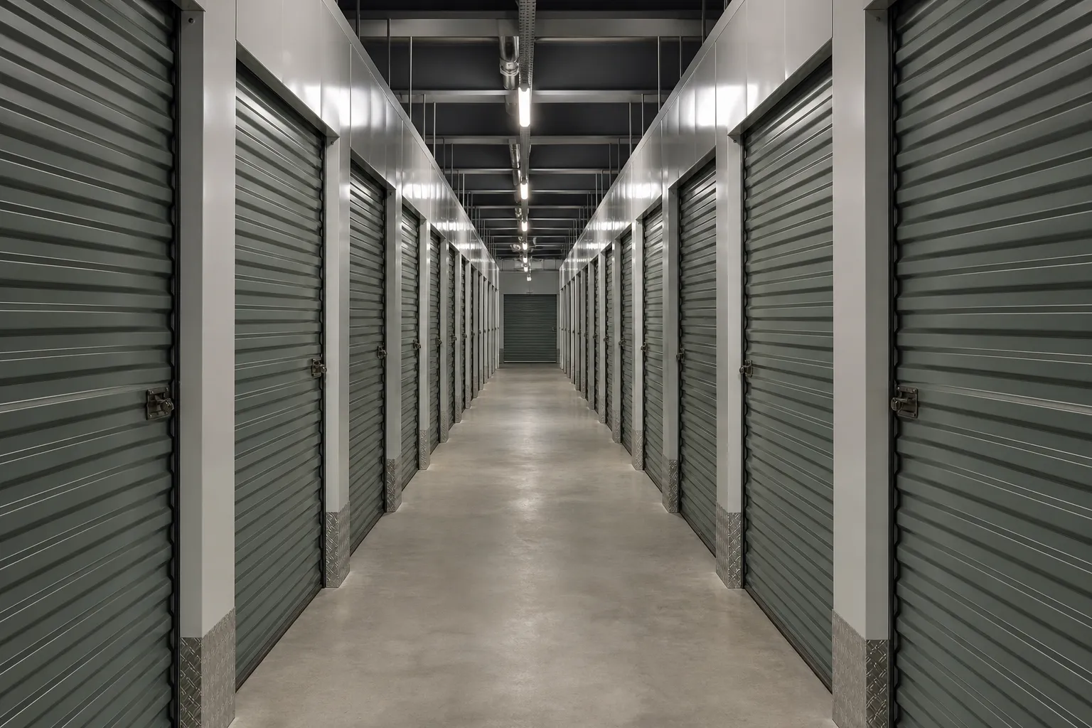 Couloir intérieur d’un centre de stockage, rangée de portes de box métalliques gris-vert fermées